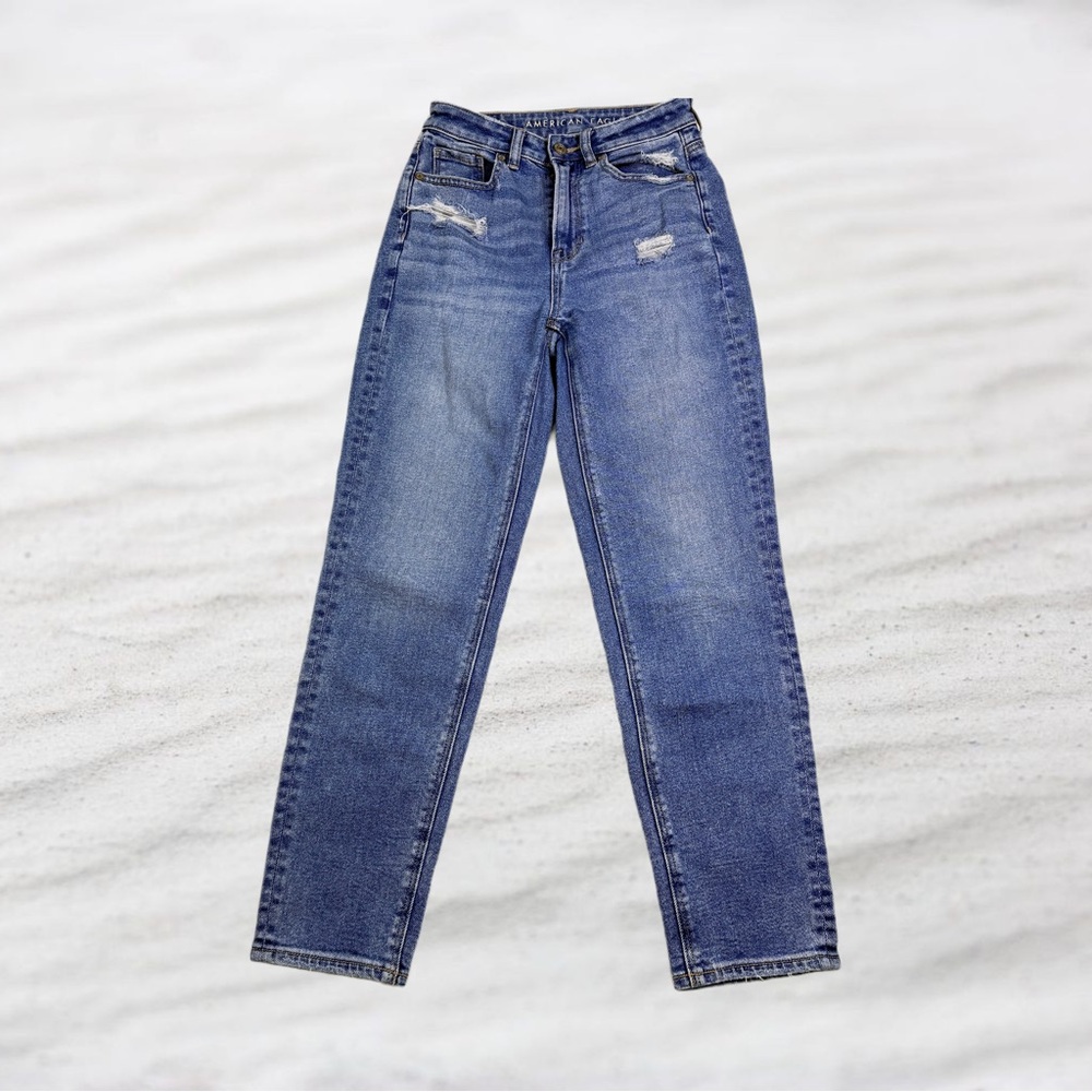American Eagle Outfitters Size 00 Blue Distressed Style Straight Leg Mom Jeans